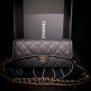 Auhentic Chanel black caviar long flap wallet
